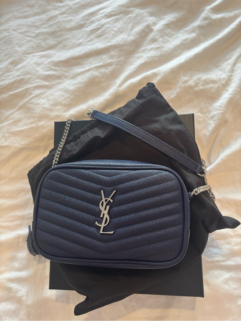 Saint Laurent Navy Quilted Lou Camera Bag with Silver YSL Emblem